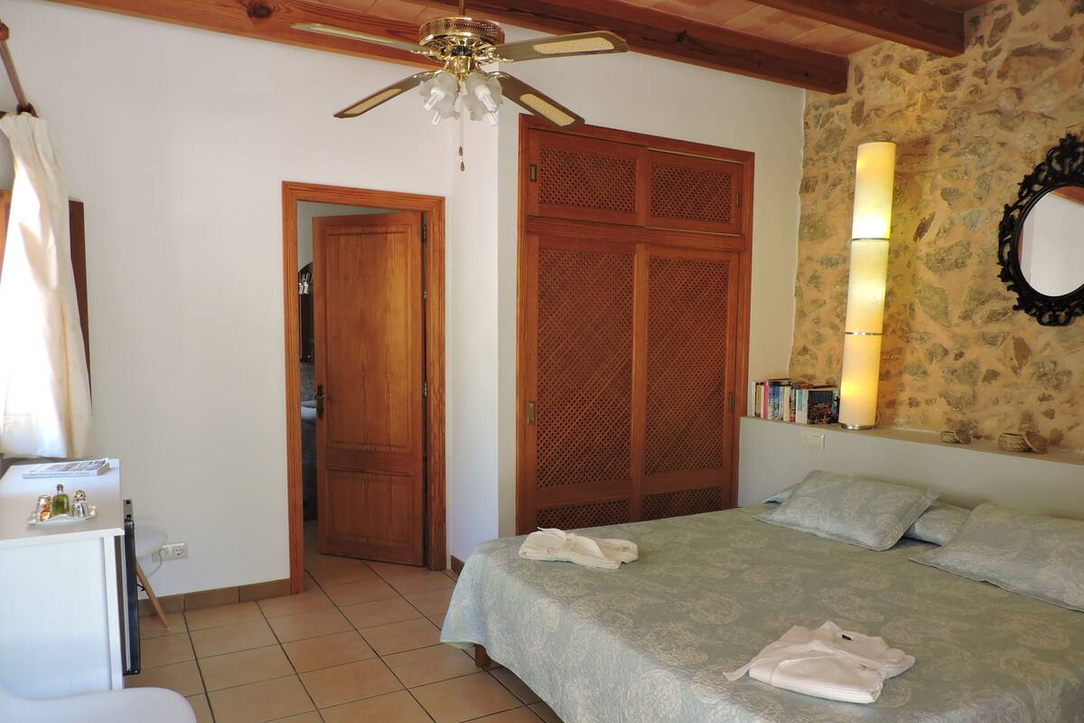 A bedroom with a bed, a desk, a chair, a wardrobe, and a ceiling fan.