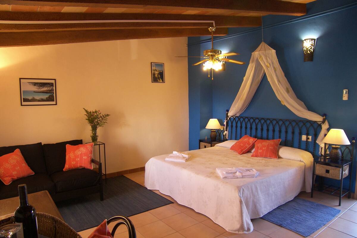 A bedroom with a bed, nightstands, a ceiling fan, a canopy bed, a couch, and a chair.