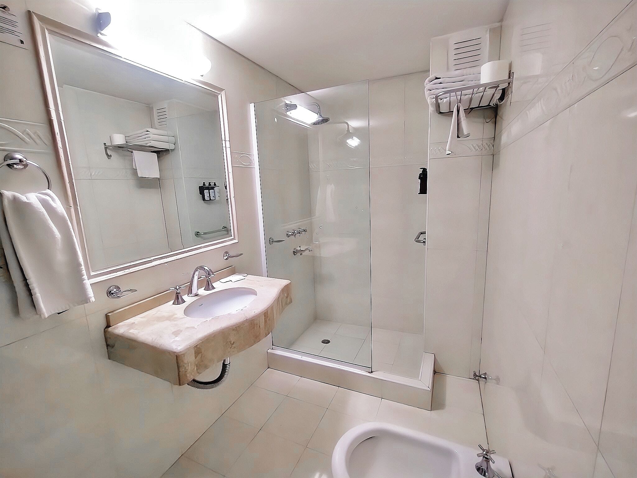 A bathroom with a sink, mirror, shower, and toilet.