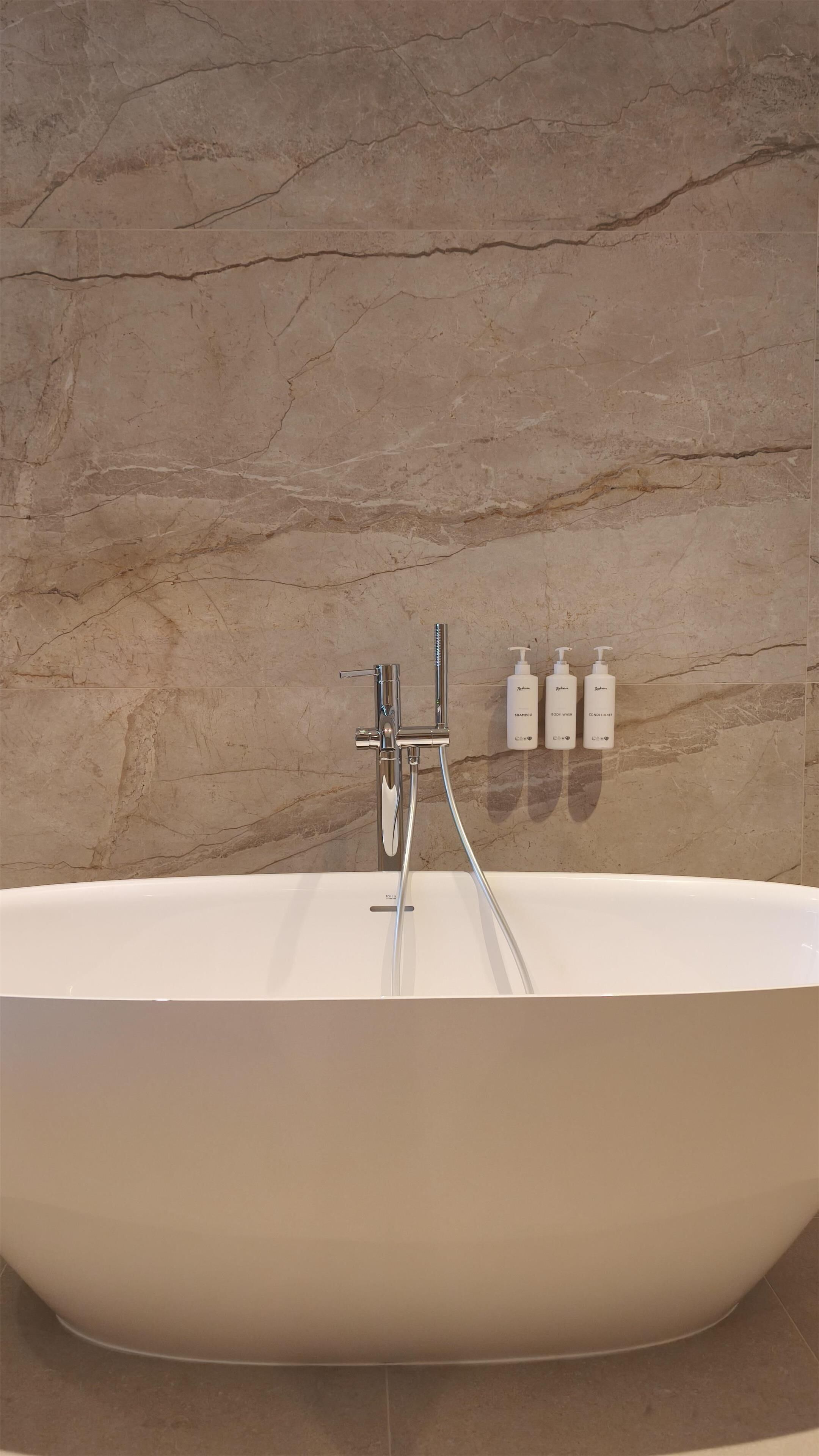 Une salle de bain moderne avec une baignoire sur pieds, des accessoires chromés et deux bouteilles de shampoing et d’après-shampoing fixées au mur.