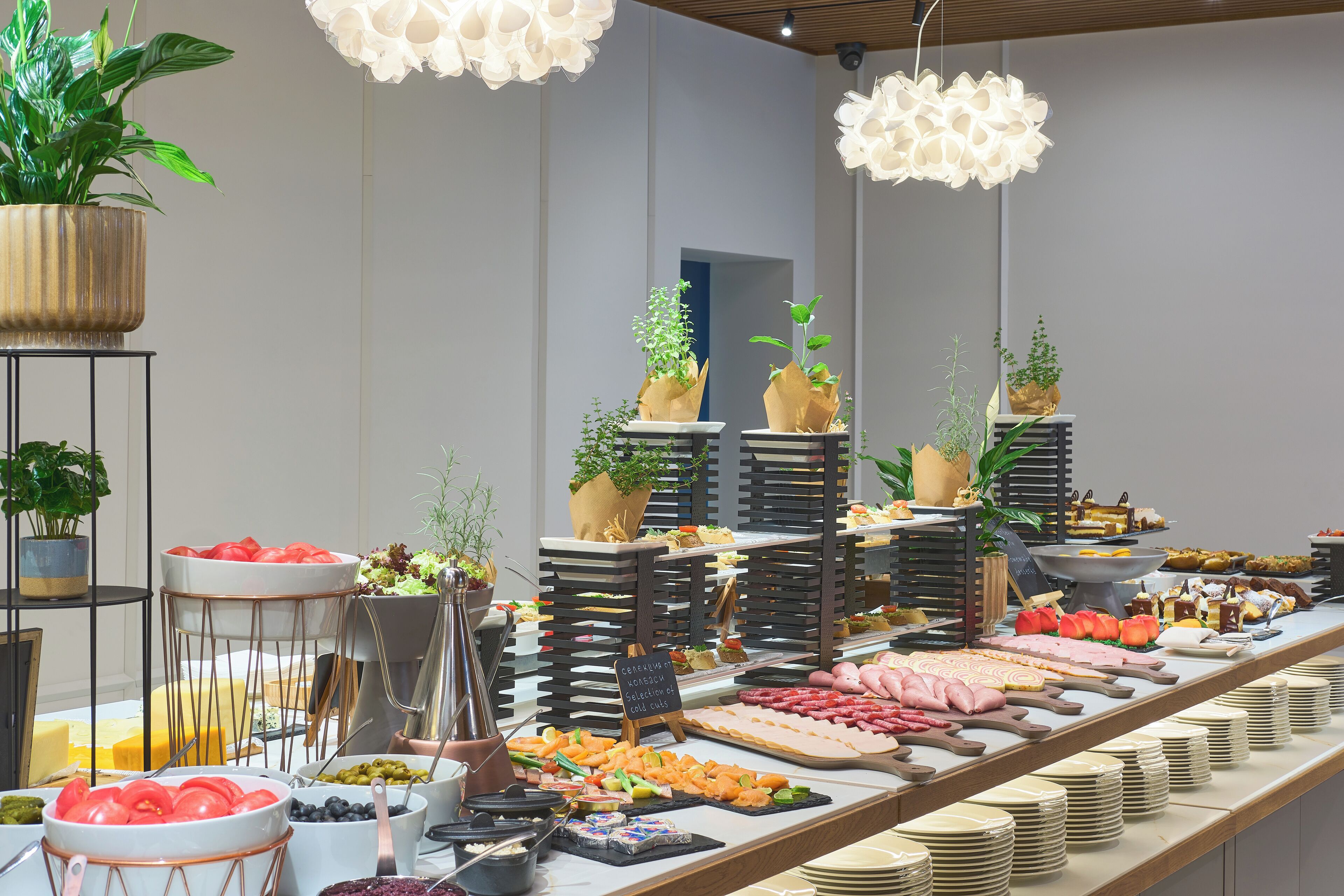 Un bufé con diversos alimentos y plantas.