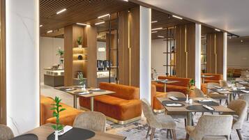 Un restaurante moderno con detalles de madera, asientos anaranjados y un interior limpio y bien iluminado.