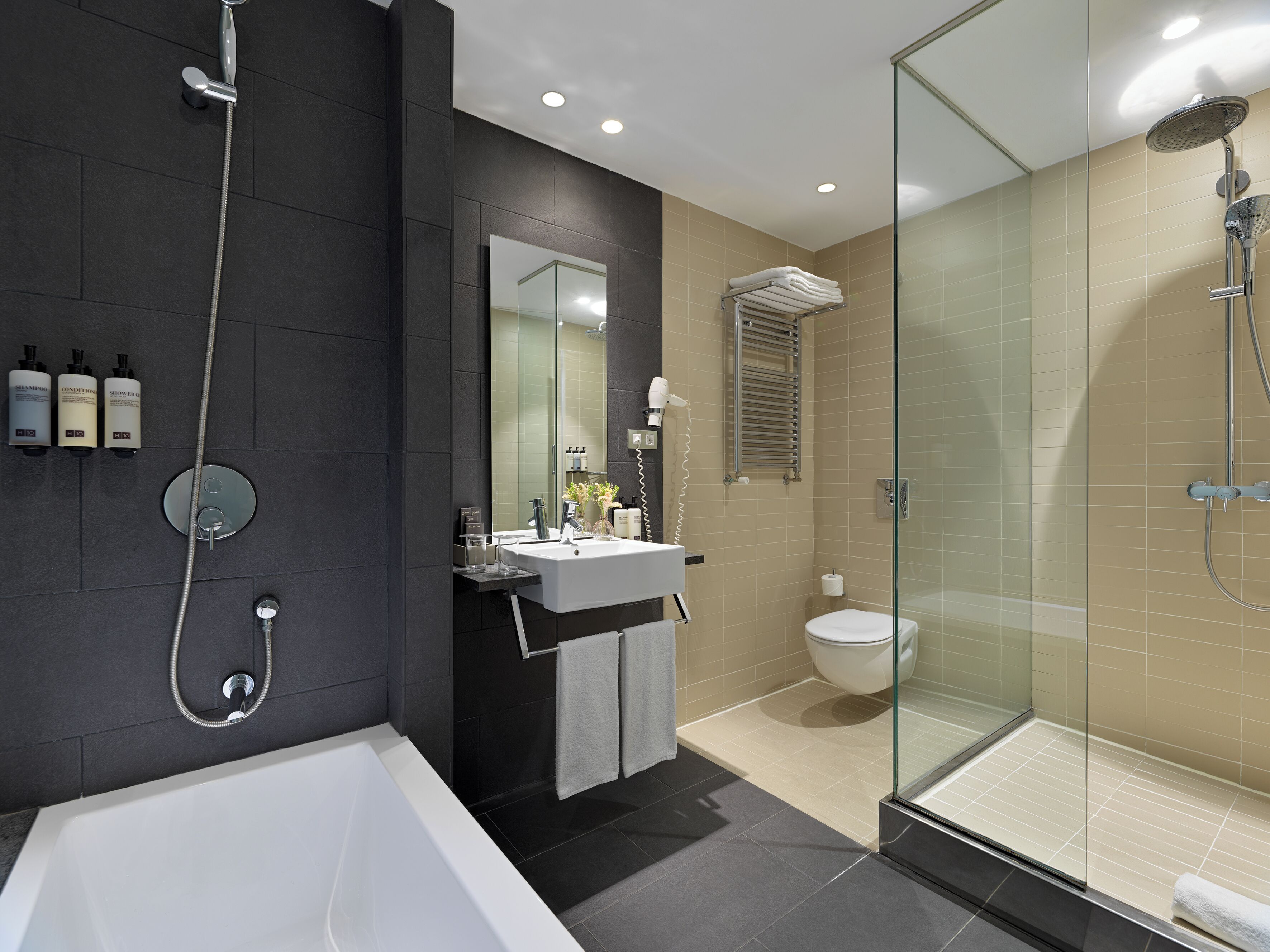 eco-friendly toiletries, hair dryer, towels