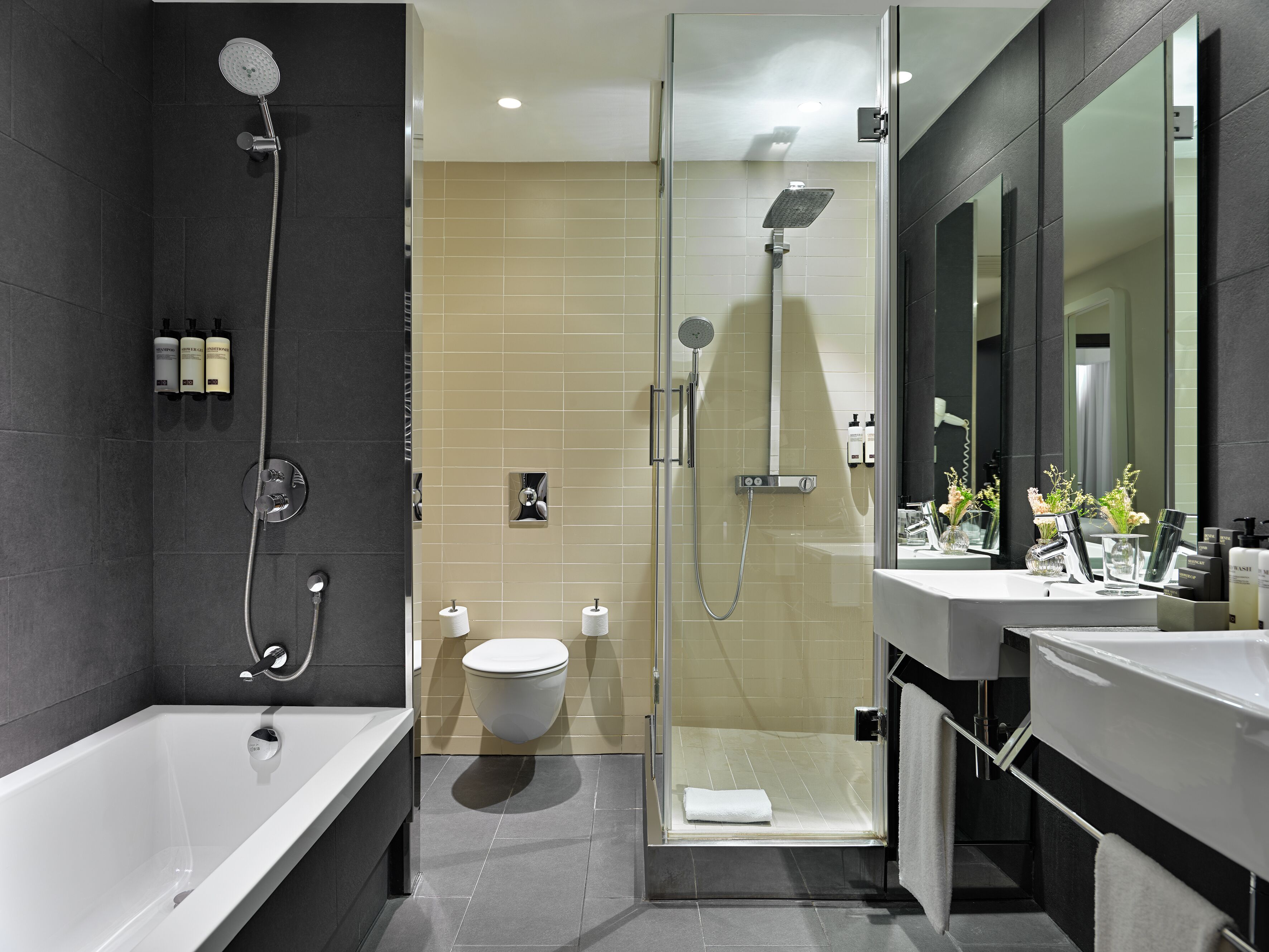 eco-friendly toiletries, hair dryer, towels