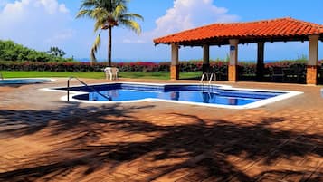 A pool area with two pools, a covered seating area, and a palm tree.