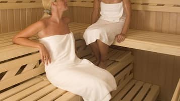 A sauna with wooden benches and a tiled floor.