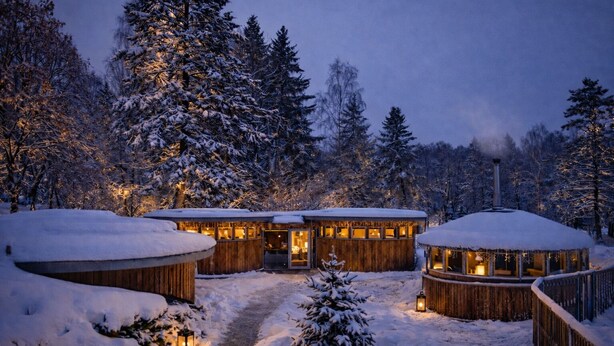 A snow-covered lodge with multiple wooden cabins connected by a central pathway, surrounded by dense forest.