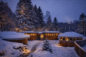 A snow-covered lodge with multiple wooden cabins connected by a central pathway, surrounded by dense forest. - Sante Royale Hotel- & Gesundheitsresort (Bad Brambach)