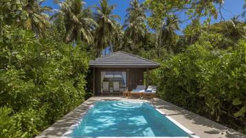 Un espace piscine avec des chaises longues, un petit bâtiment et une végétation tropicale luxuriante.