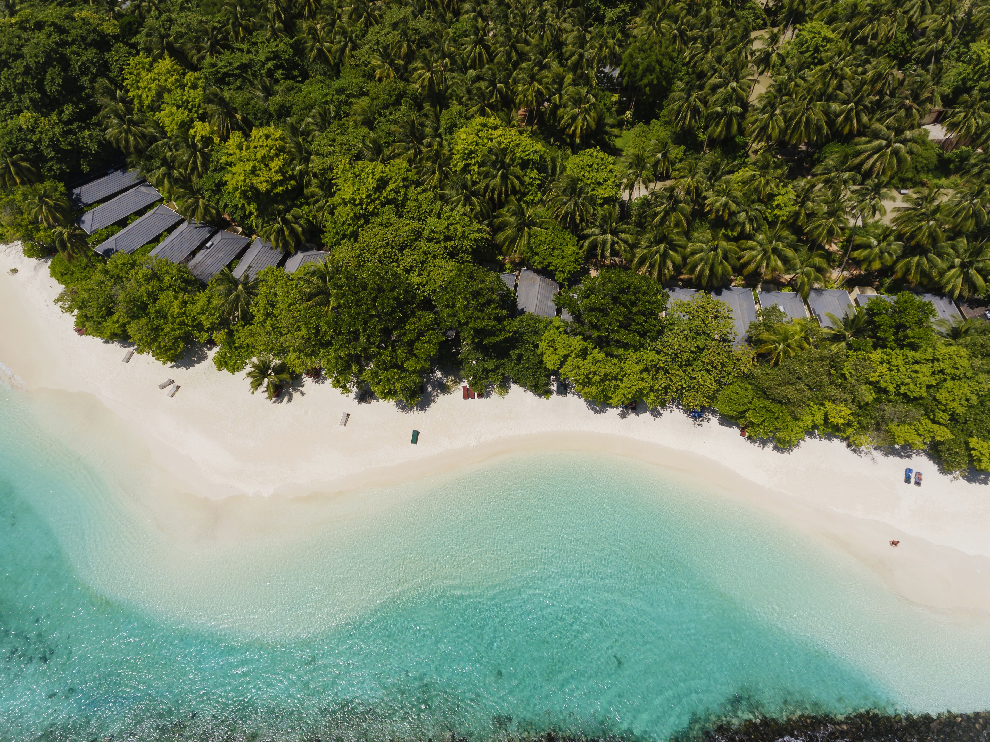 An aerial view of a beach with white sand, clear turquoise water, and dense green foliage.