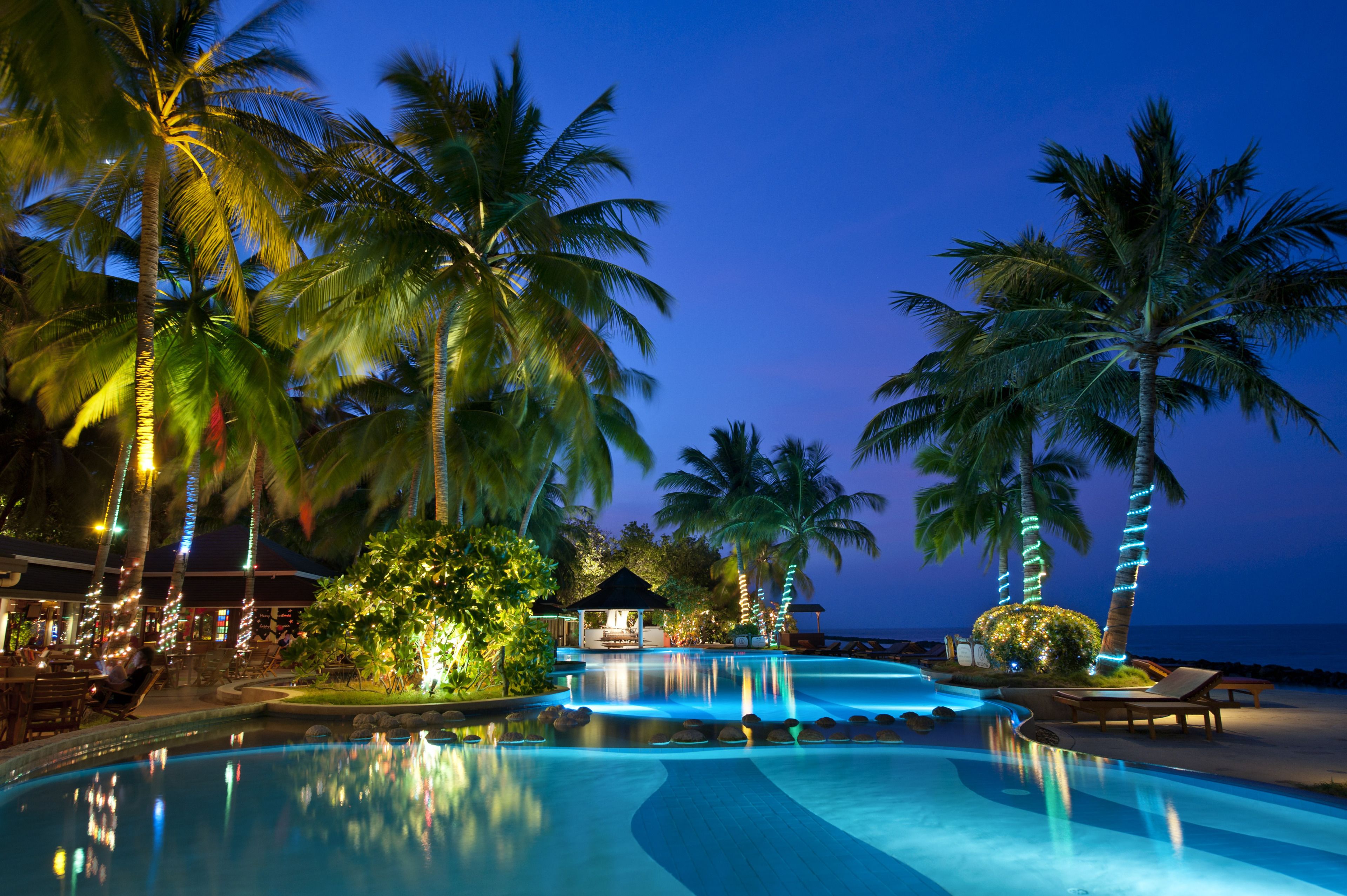 outdoor pool, pool umbrellas, pool loungers