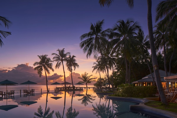 Outdoor pool, pool umbrellas, sun loungers