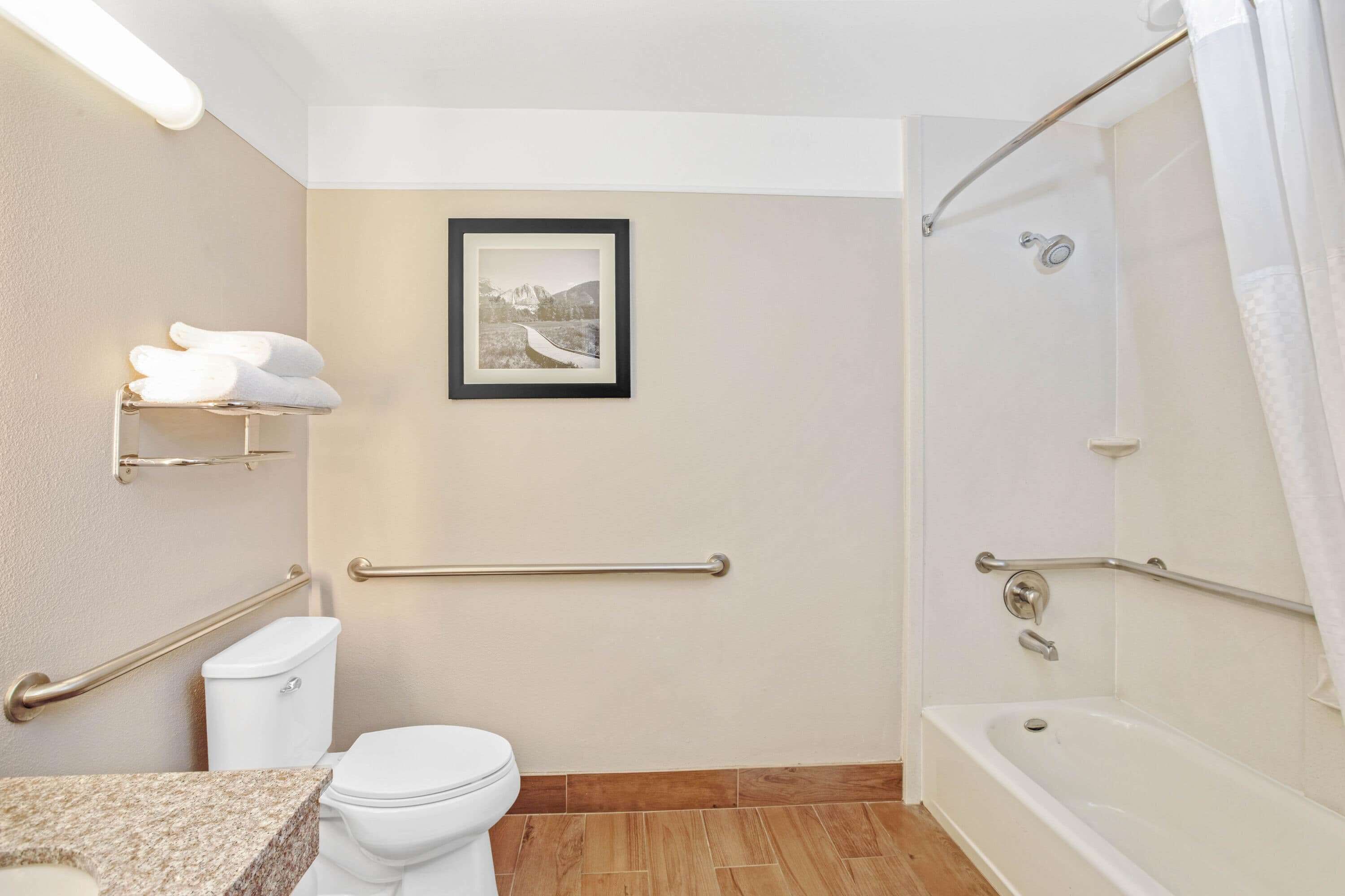 suite, 1 bedroom, accessible, non smoking (mobility) | bathroom | combined shower/bathtub, free toiletries, hair dryer, towels