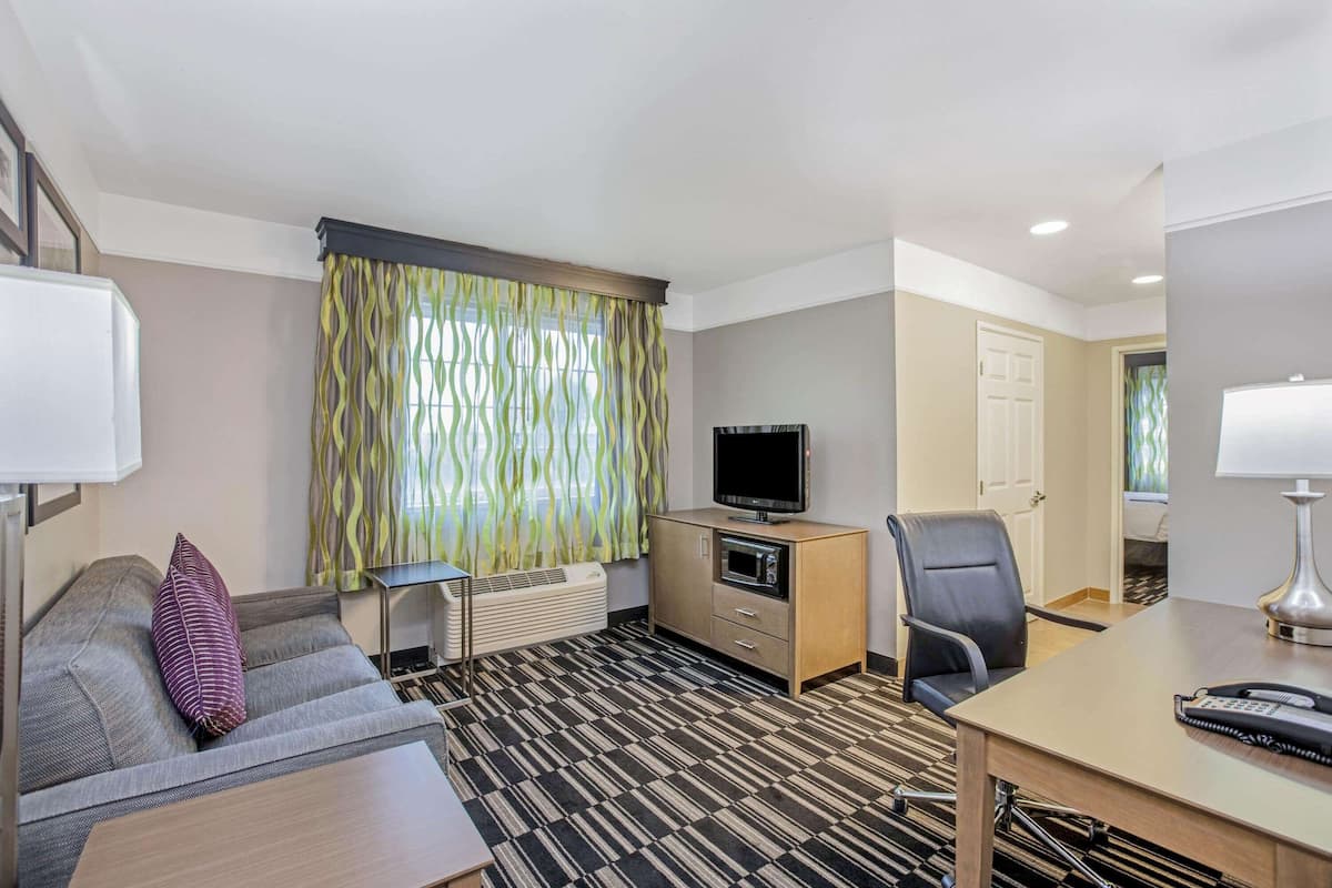 A hotel room with a sofa, a small table, a TV, a desk with a lamp, and a microwave.