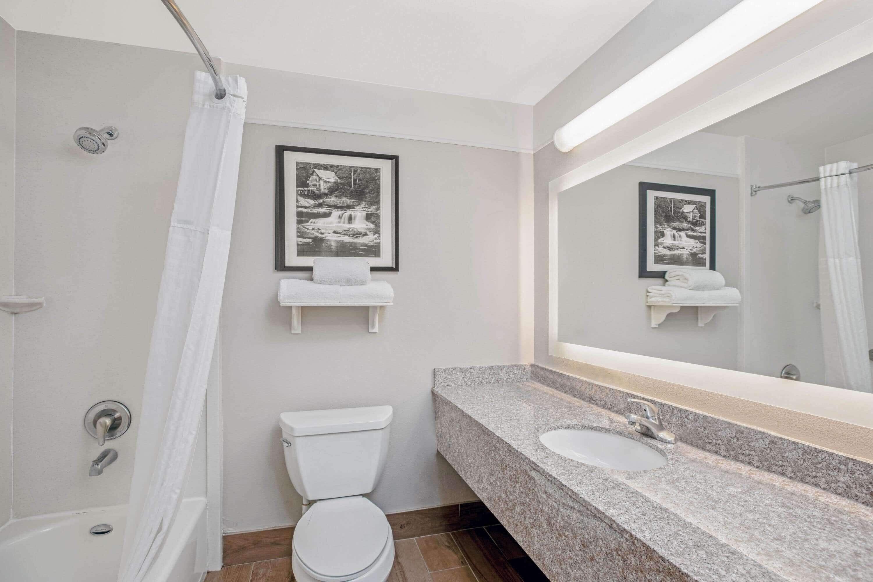 combined shower/bathtub, free toiletries, hair dryer, towels