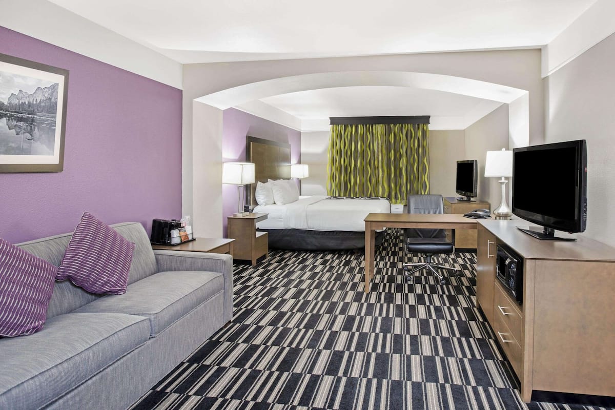 A hotel room with a bed, a sofa, a desk, a television, and a picture on the wall.
