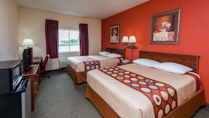 A hotel room with two beds, a desk with a computer, a TV, and a window with curtains. - Super 8 by Wyndham St Robert Ft Leonard Wood Area (St. Robert)