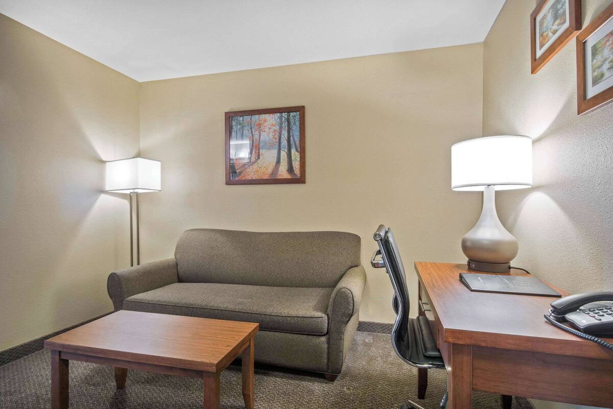 A hotel room with a sofa, a desk with a lamp, a chair, and a painting on the wall.