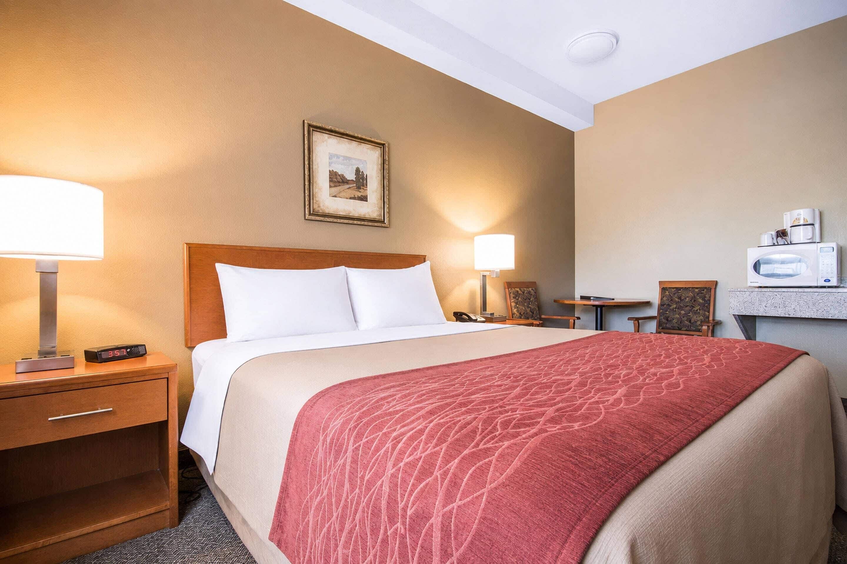 Une chambre d’hôtel avec un lit, des lampes de chevet, une table de chevet, une horloge numérique, un tableau encadré au mur, une petite table avec une lampe et un four à micro-ondes posé sur le comptoir.