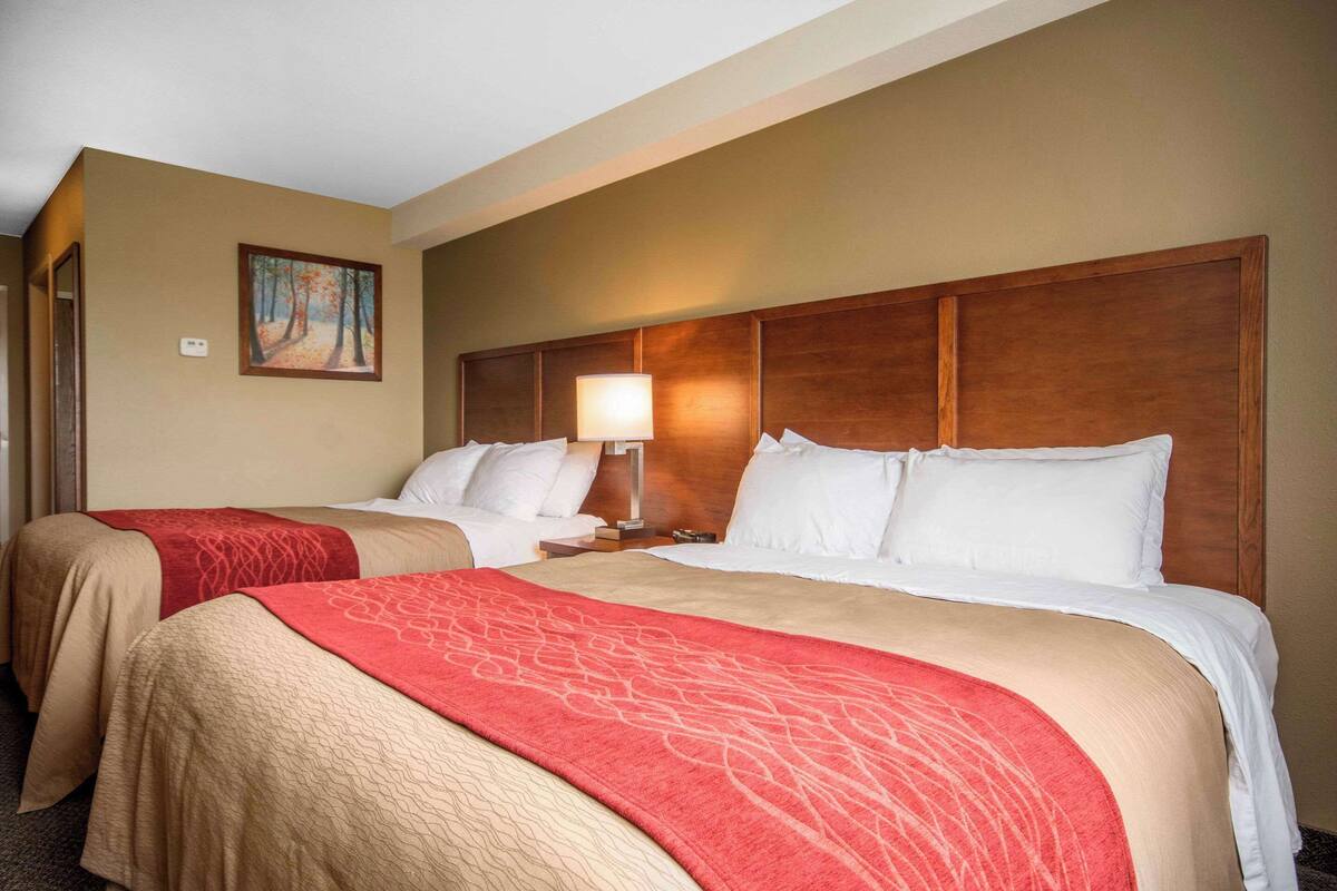 A hotel room with two beds, beige walls, a painting of a forest, and a nightstand with a lamp.