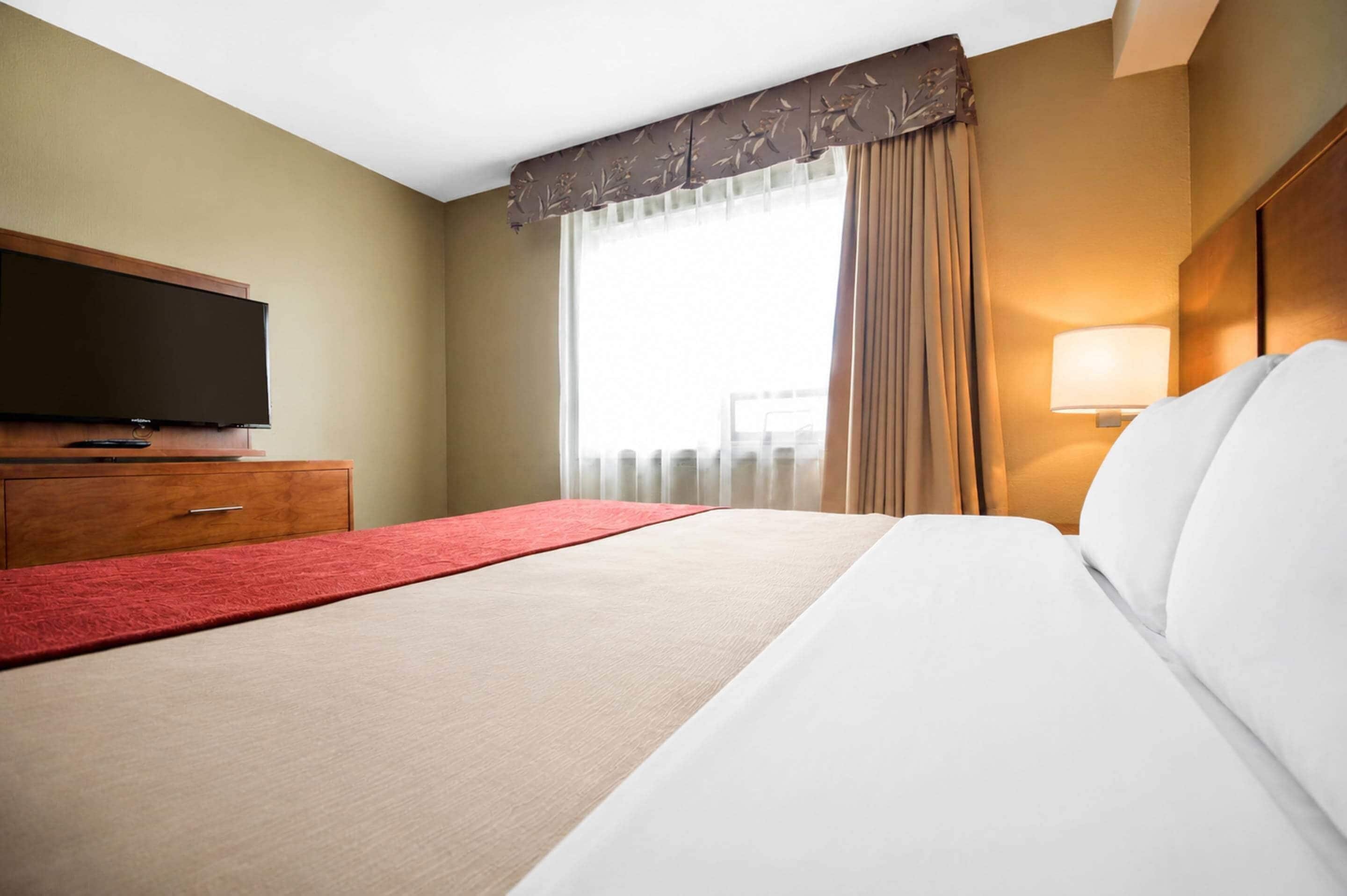 A hotel room with a bed, a television on a wooden dresser, a window with curtains, and a wall-mounted lamp.
