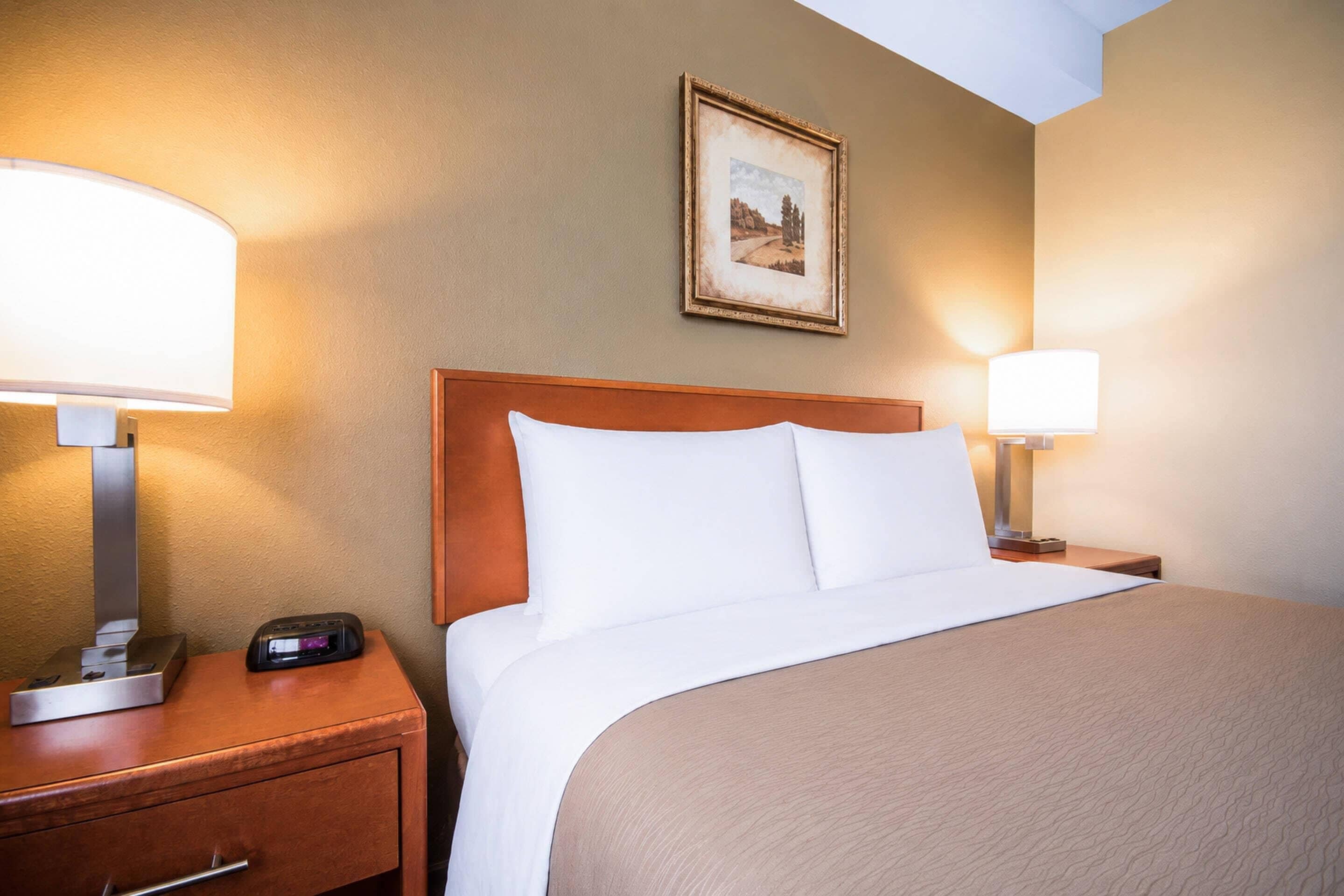 Una habitación de hotel con una cama, dos lámparas de noche, una mesita de noche con un reloj y un cuadro en la pared.