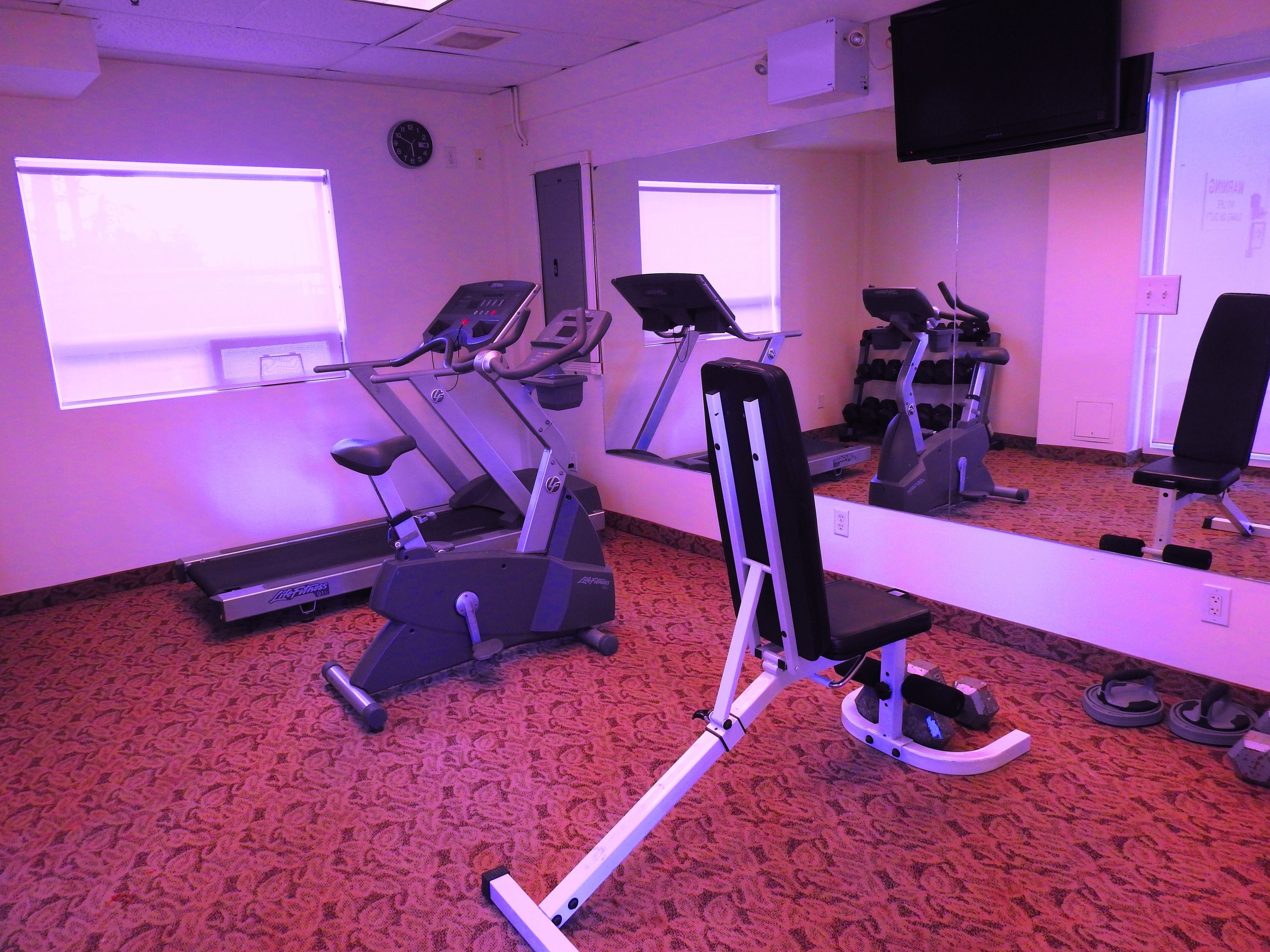 A gym with cardio machines, free weights, and a mirror.