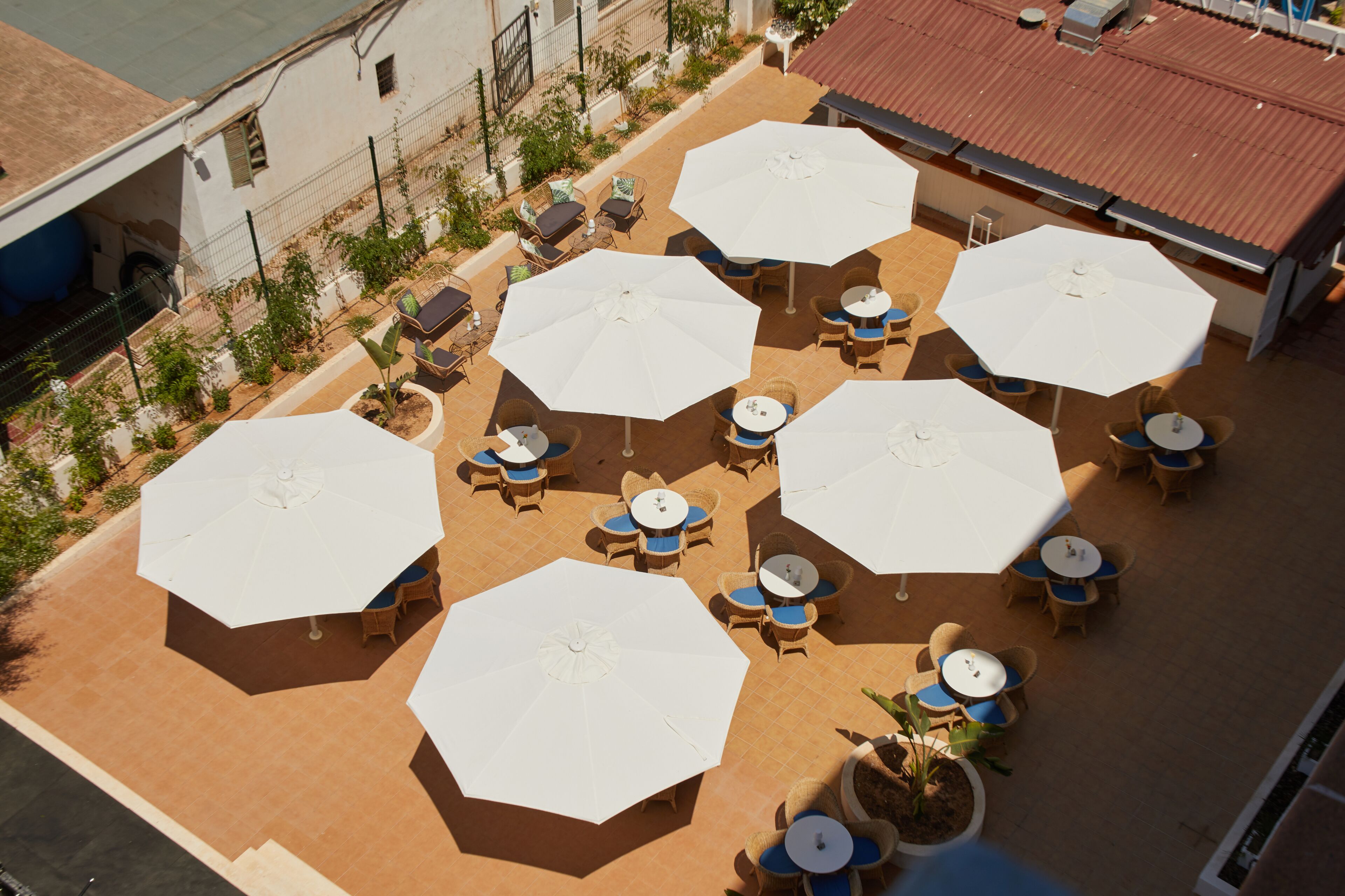 Une terrasse extérieure dotée de plusieurs tables et de parasols blancs, entourée de plantes en pot et bordée d’un bâtiment au toit rouge.