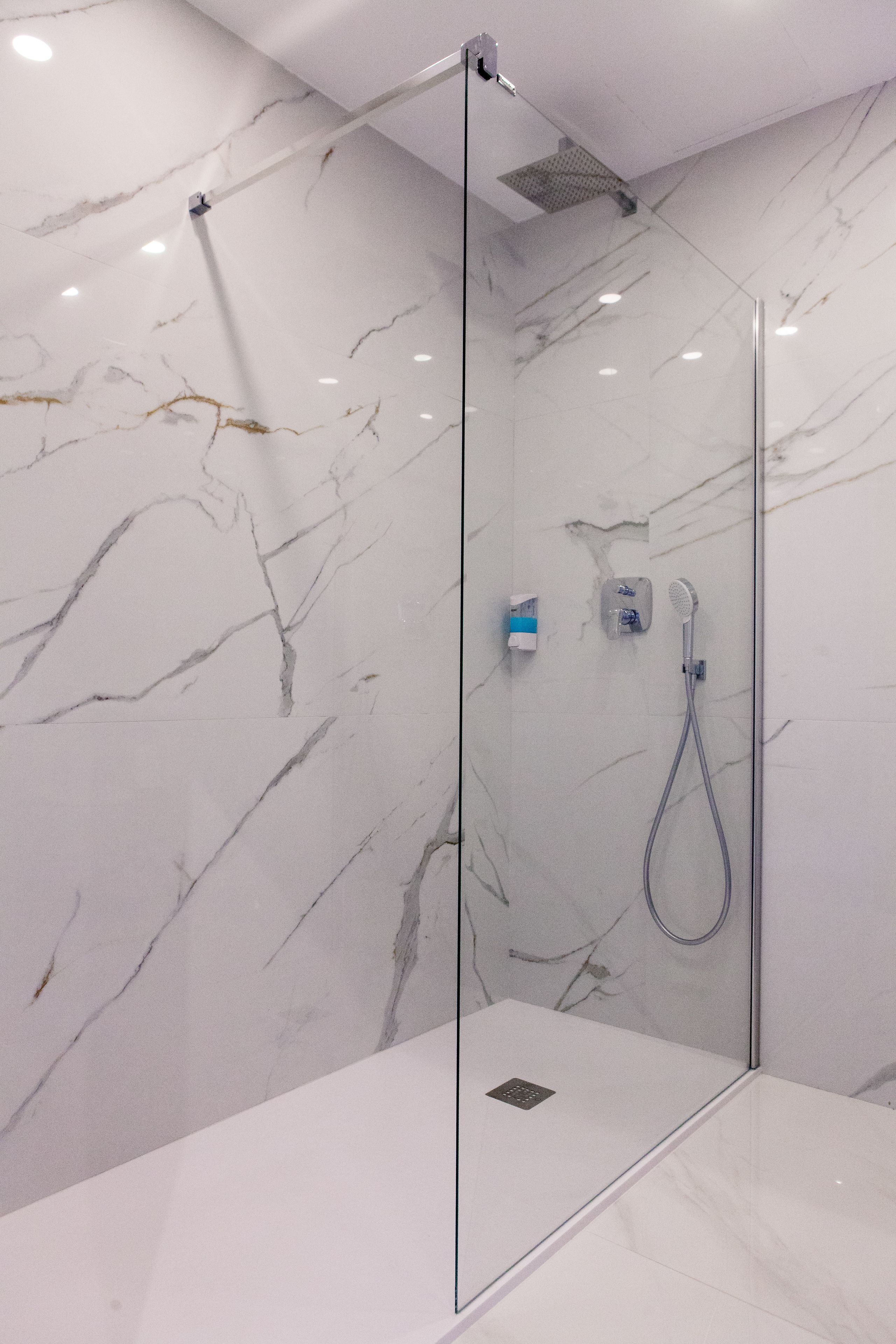 A modern bathroom with a glass-enclosed shower, marble walls, and a handheld showerhead.