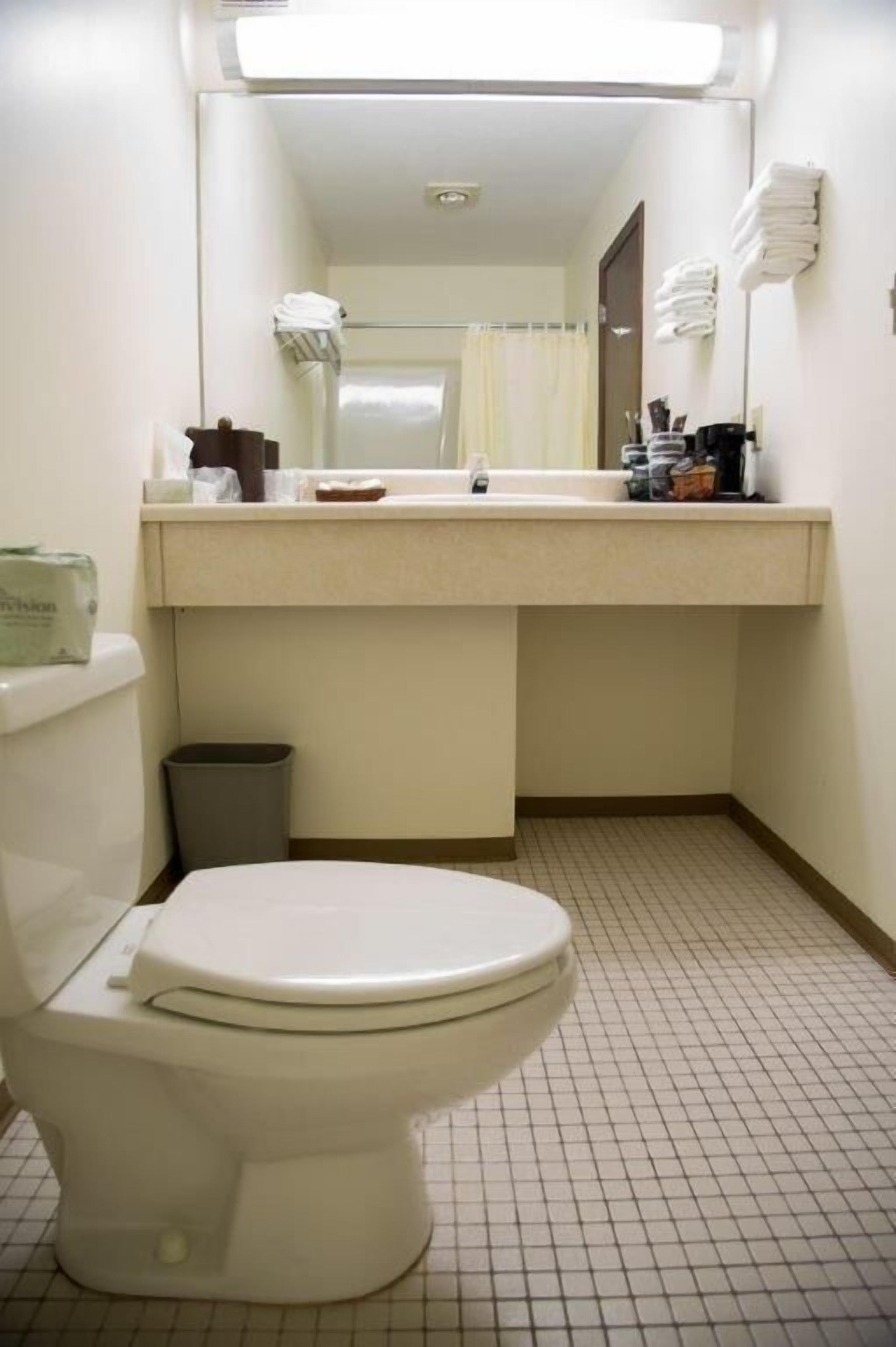 A small, clean bathroom with a toilet, sink, and mirror.