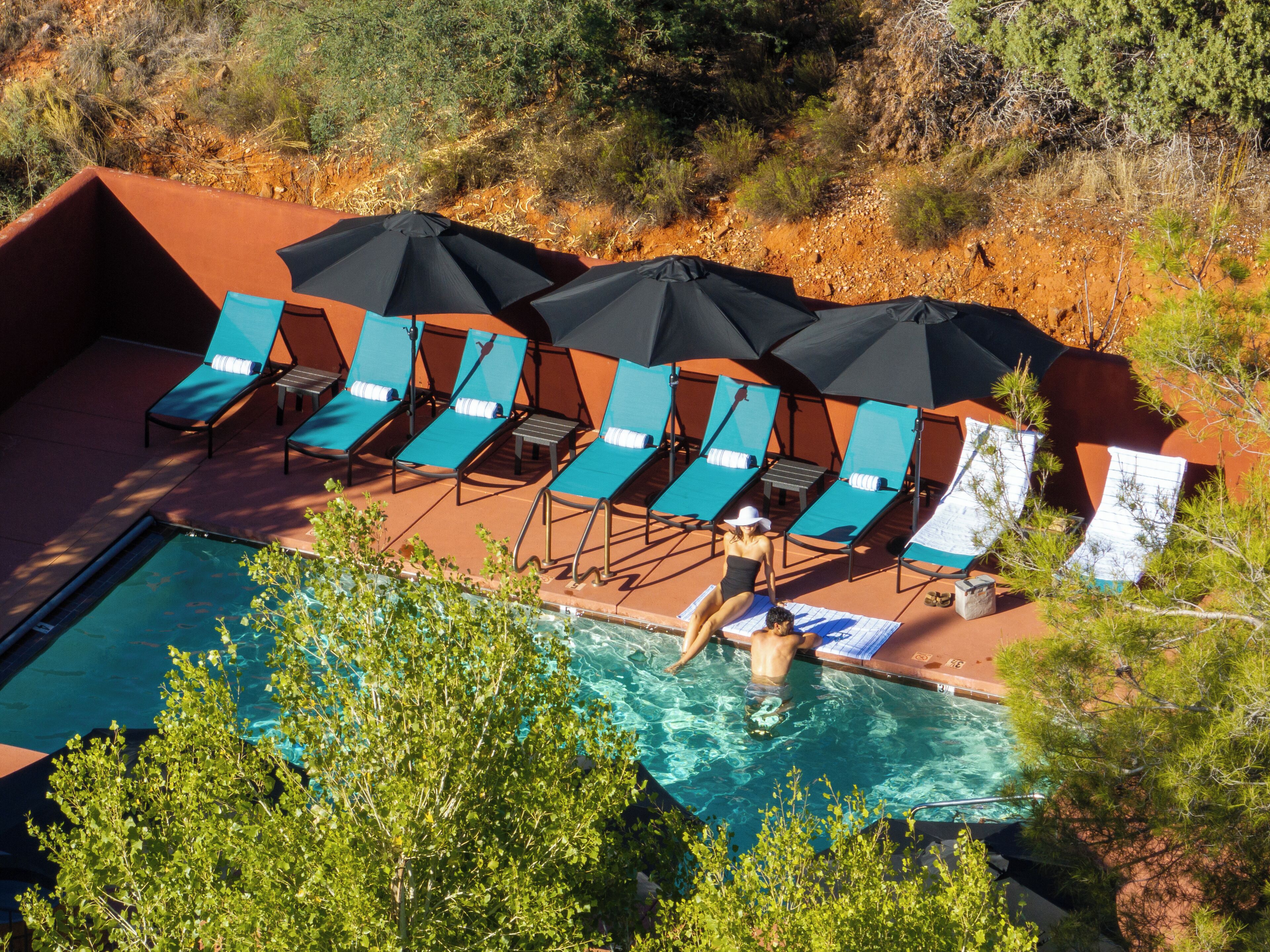 Outdoor pool, pool umbrellas, pool loungers