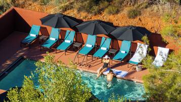 Outdoor pool, pool umbrellas, pool loungers