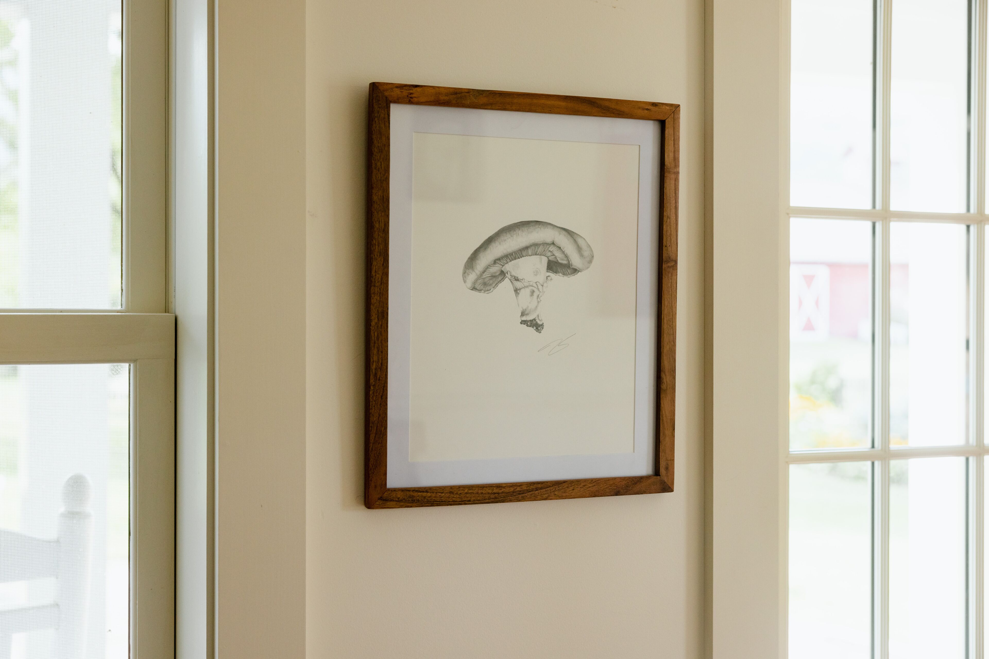 A framed drawing of a mushroom on a wall.