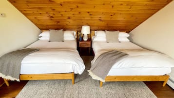 A room with two single beds, a wooden ceiling, a nightstand with a lamp, and a rug.