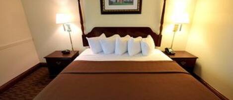 A hotel room with a large bed, two bedside tables with lamps, and a framed picture on the wall.