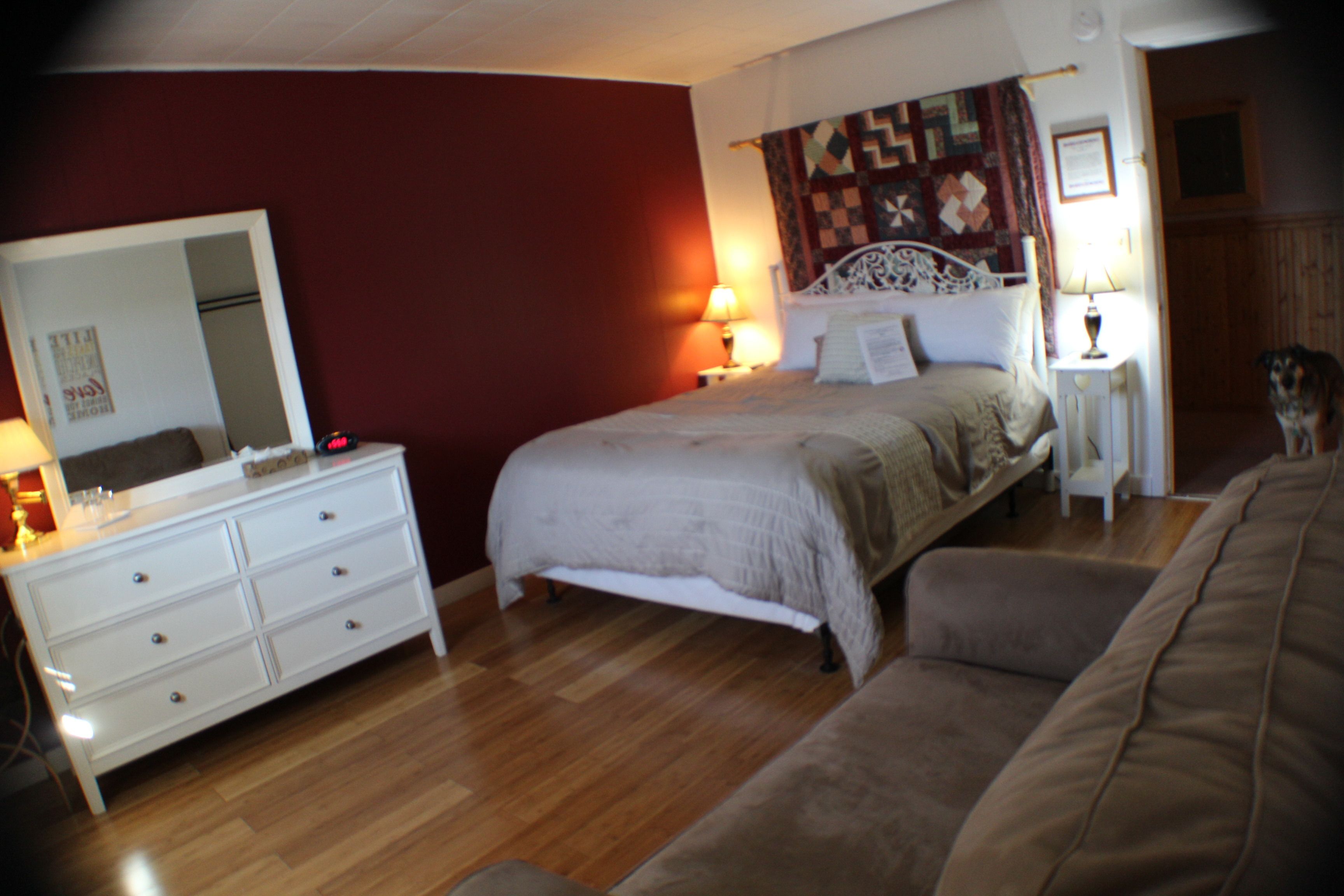 A bedroom with a bed, a dresser, a nightstand, a lamp, and a dog.