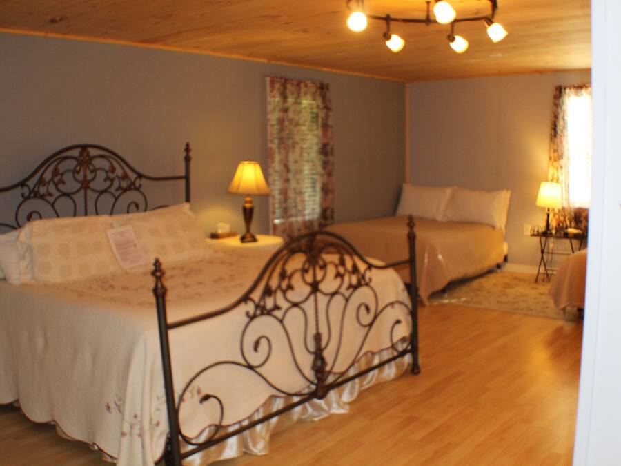 A bedroom with two beds, a wooden floor, and a ceiling with lights.