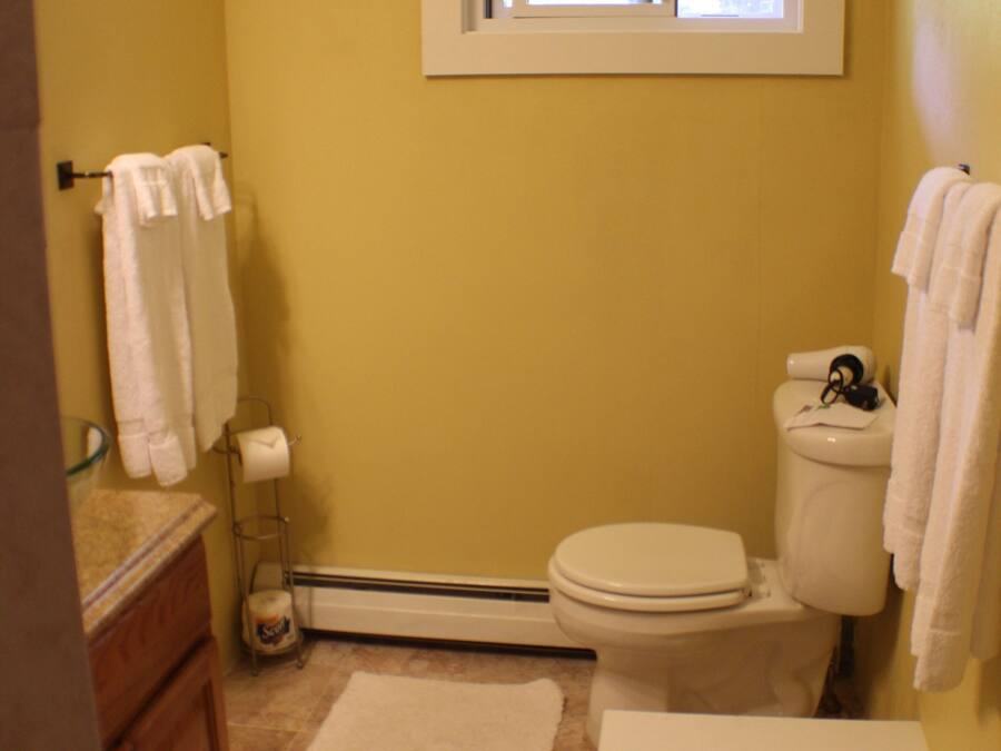 A compact bathroom with a toilet, a small window, a towel rack, and a glass shower enclosure.