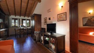Amplia sala de estar con techo de madera, una mesa de comedor con sillas, un televisor sobre un mueble de madera y un sofá.