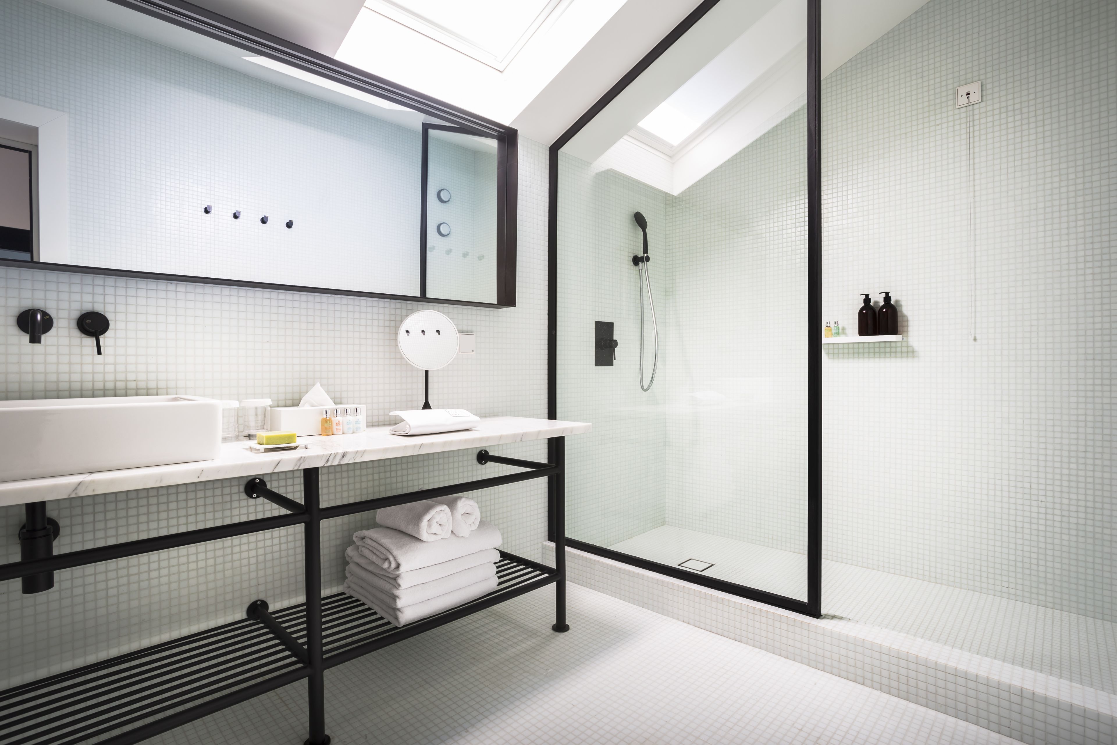 gallery | bathroom | shower, rainfall showerhead, designer toiletries, hair dryer