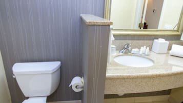 Et badeværelse med toilet, håndvask og spejl.
