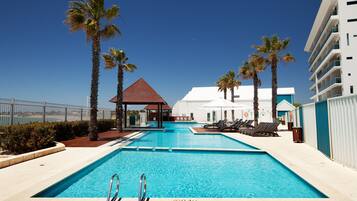 Outdoor pool, pool umbrellas, pool loungers