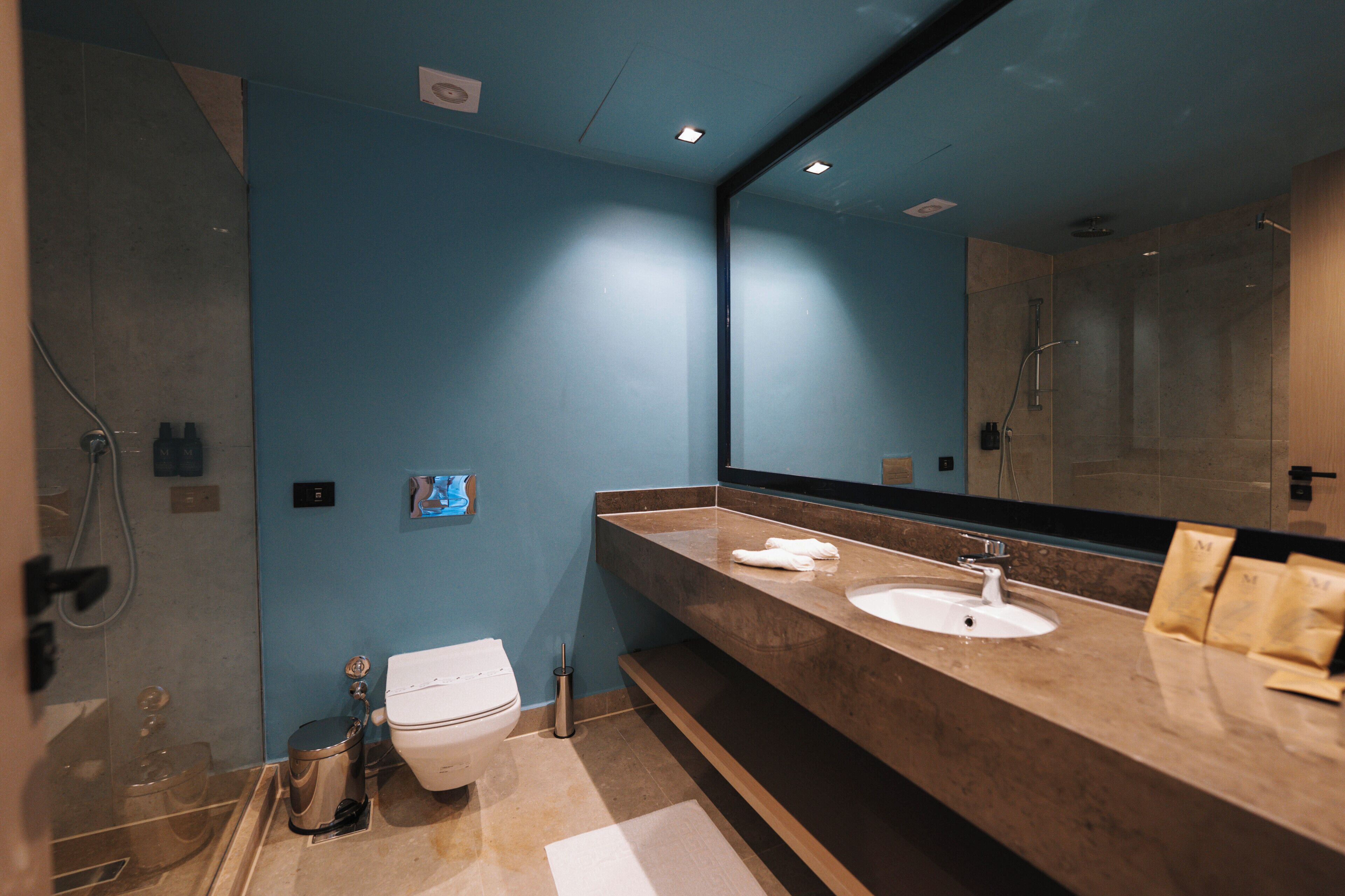 A modern bathroom with a large mirror, two sinks, and a shower area.