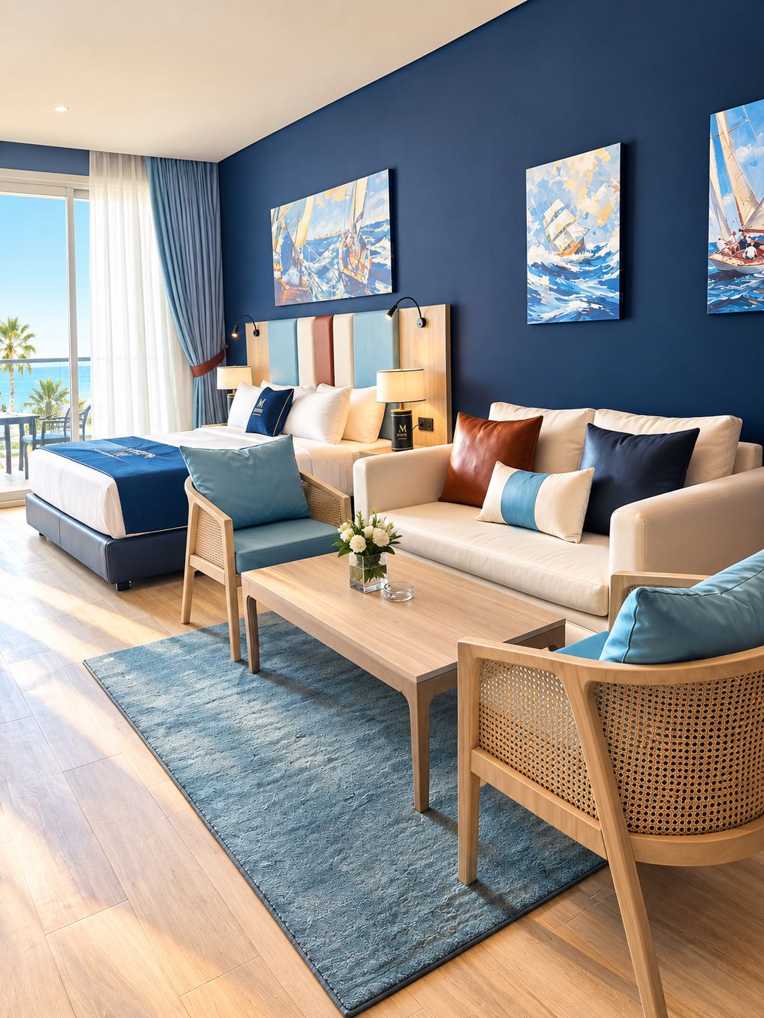 A modern hotel room with a bed, sofa, and armchair, a coffee table, and artwork on the walls.