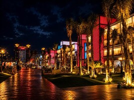 Vista nocturna de un hotel con paseo empedrado, palmeras y edificios iluminados.