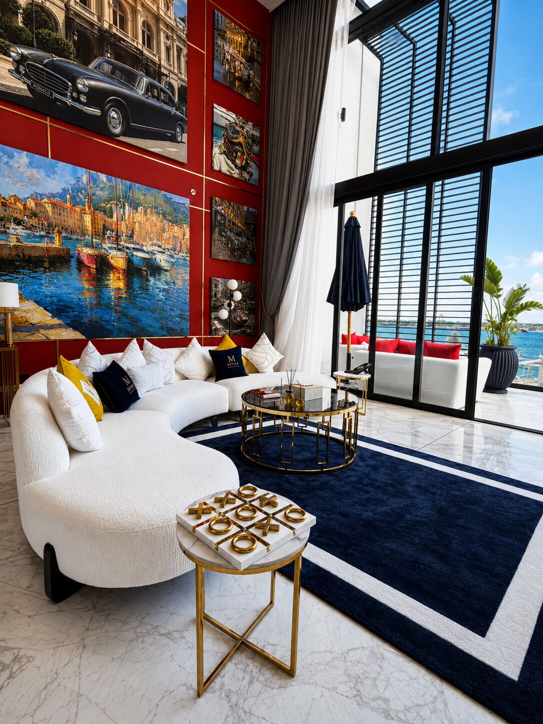 A modern living room with a white sofa, a round coffee table, and a large window with a view of the sea.