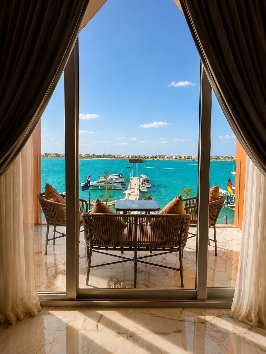 Una habitación con un ventanal grande que da a un puerto deportivo con barcos y un mar azul y despejado.