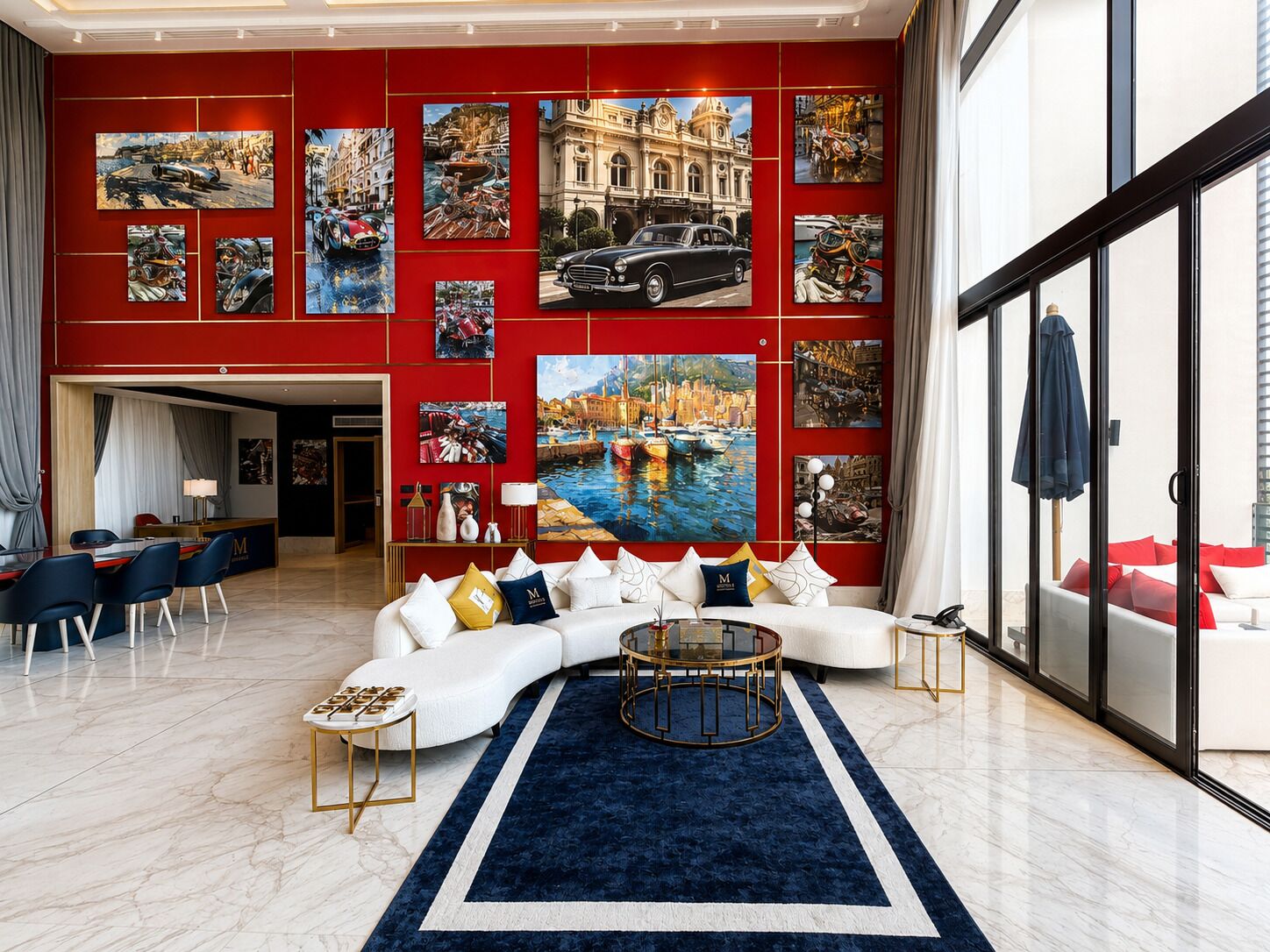 A modern hotel lobby with a red accent wall, a white sofa, and a round coffee table.