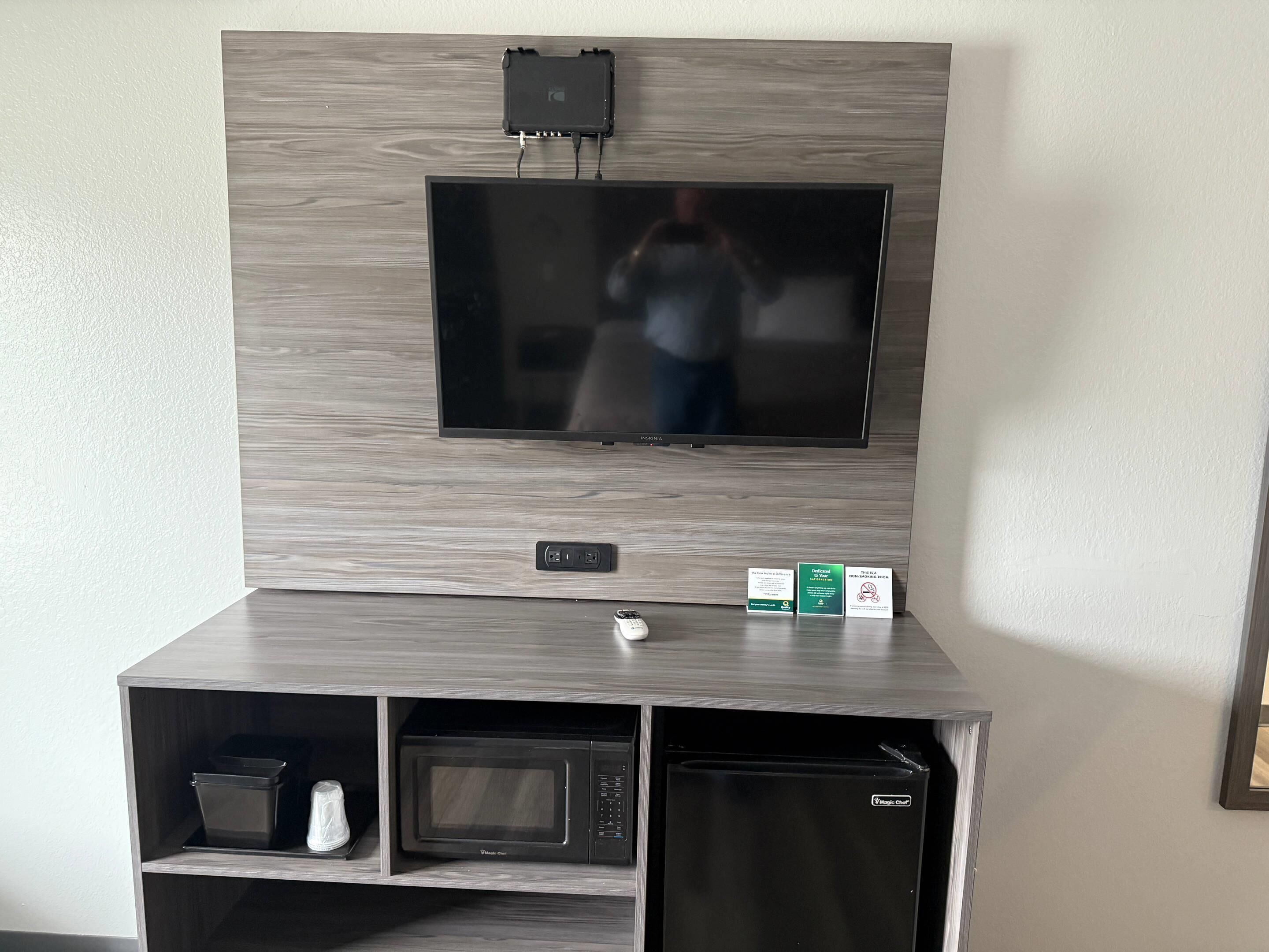 Un espace de vie moderne avec un téléviseur à écran plat fixé à un mur en bois, un four à micro-ondes et un mini-réfrigérateur en dessous.