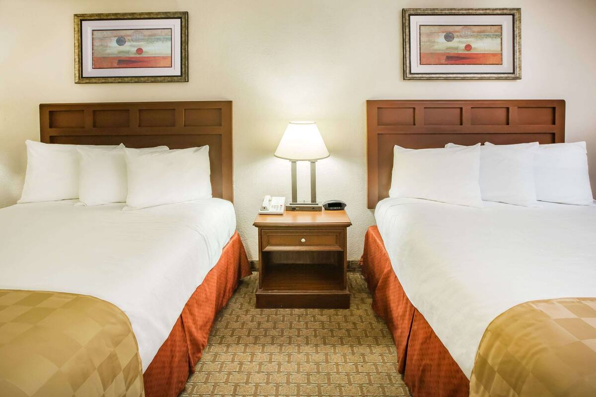 A hotel room with two beds, a nightstand with a lamp, and two framed pictures on the wall.